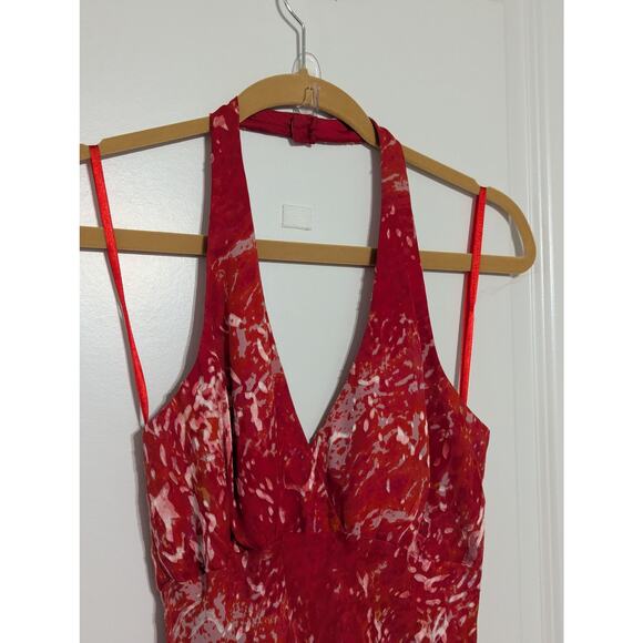 Vintage Y2K Silk Velvet Burnout Halter Dress Red Handkerchief Hem Red Bimbo Pink - Picture 8 of 8